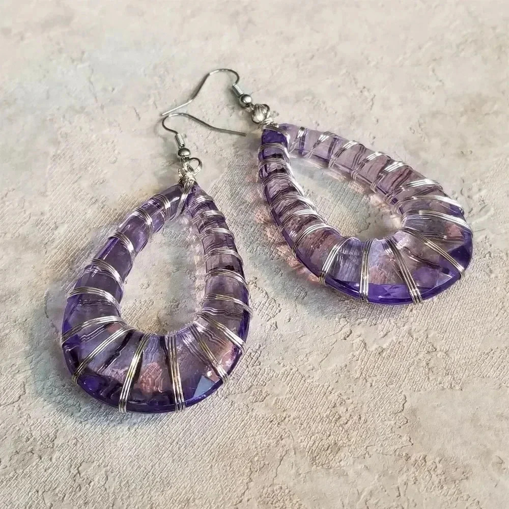Handcrafted Retro 80s Statement Purple Lucite Open Teardrop Wire Wrap Earrings